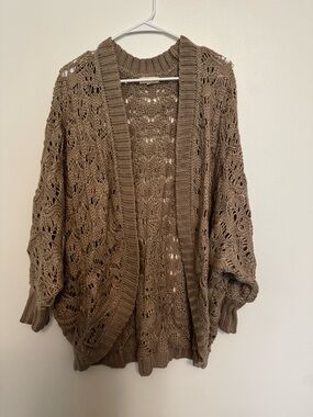eesome Open-Knit Taupe Brown Cardigan Sweater